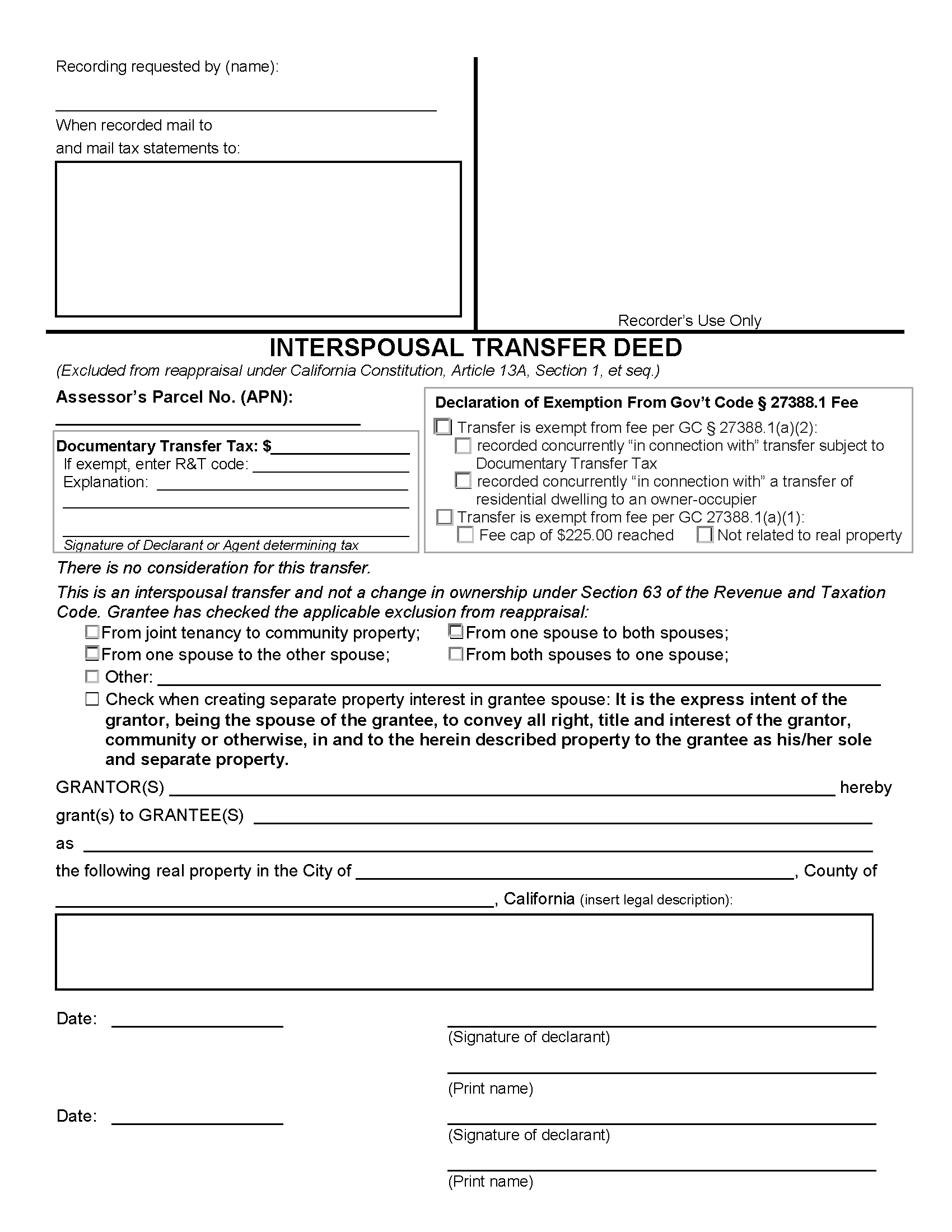 Free California Interspousal Transfer Deed Form PDF Free California Interspousal Transfer Deed Form PDF
