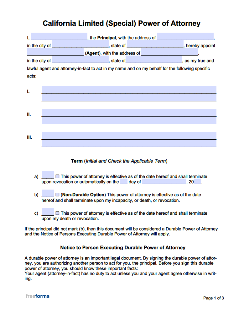 Free California Limited Special Power Of Attorney Form PDF Word Free California Limited Special Power Of Attorney Form PDF Word