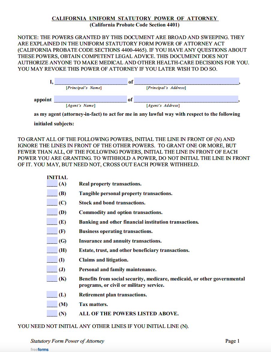 free printable medical power of attorney form california