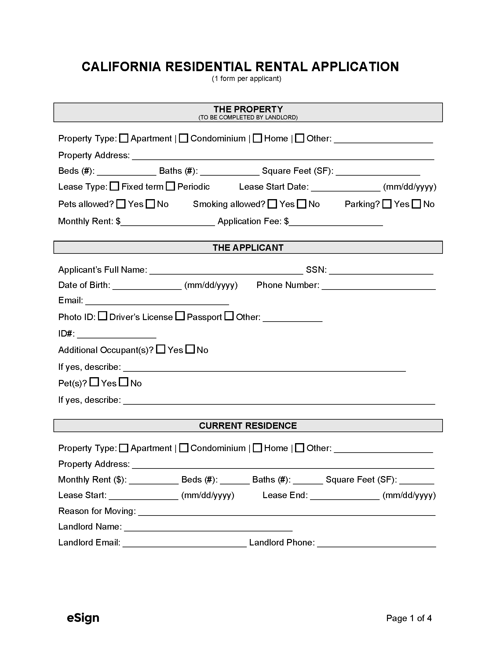 Free California Rental Application Form PDF Word