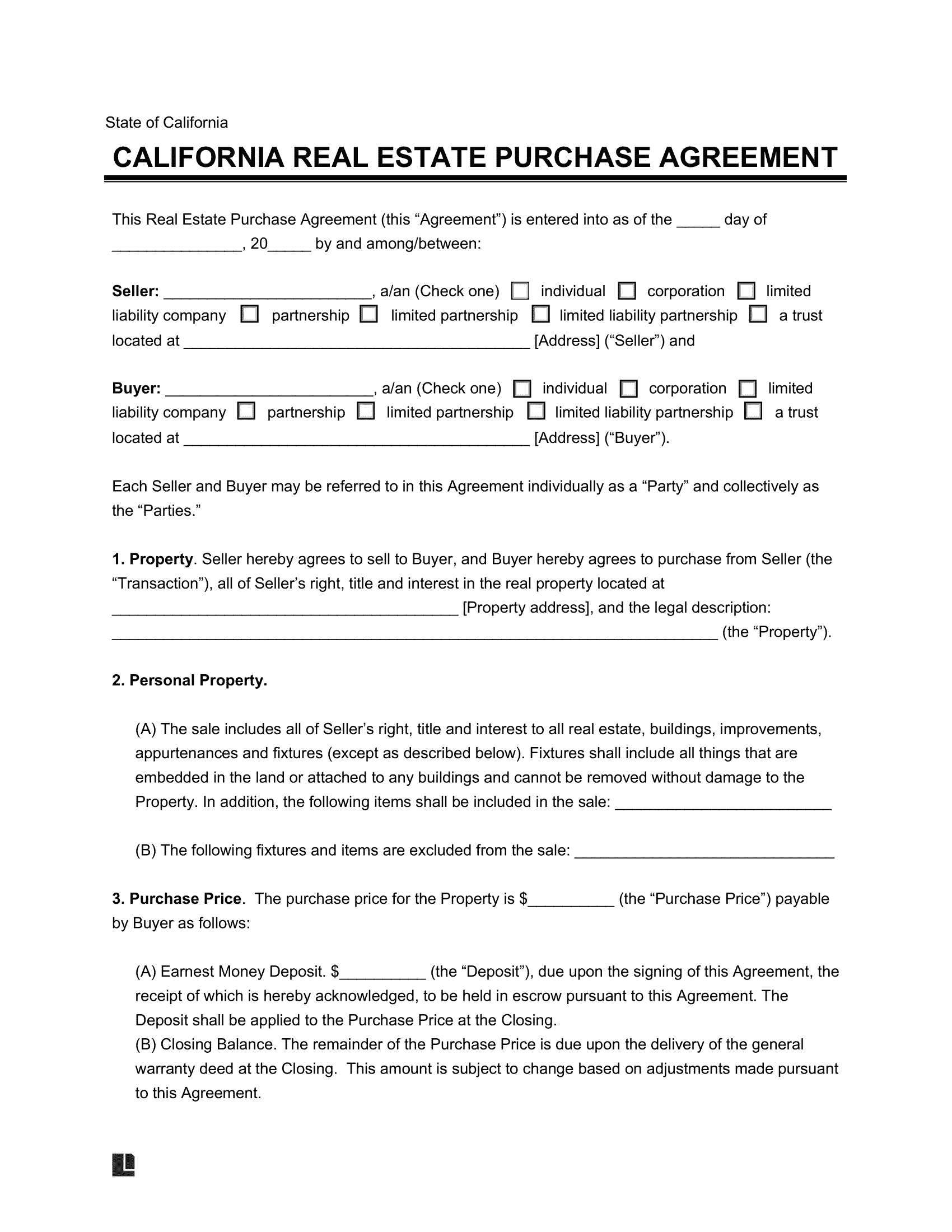 Free California Residential Purchase Agreement PDF Word