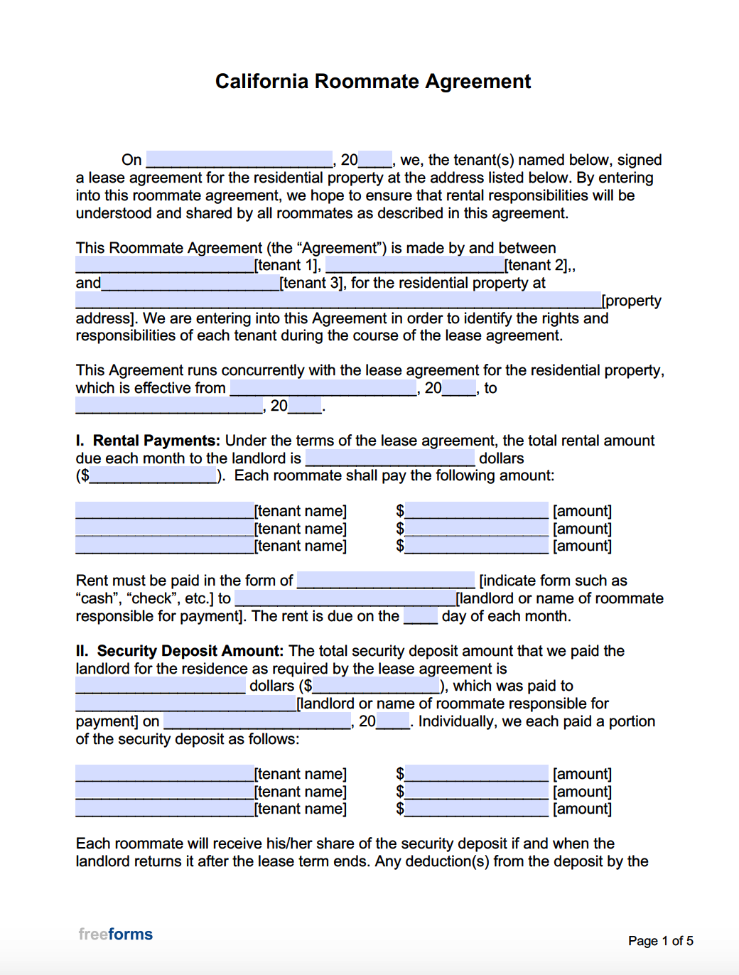 Free California Roommate Agreement Template PDF Word
