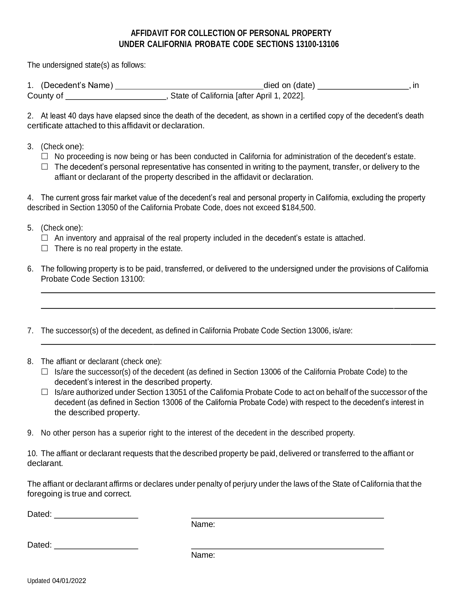 Free California Small Estate Affidavit Affidavit For Collection Of Personal Property PDF EForms