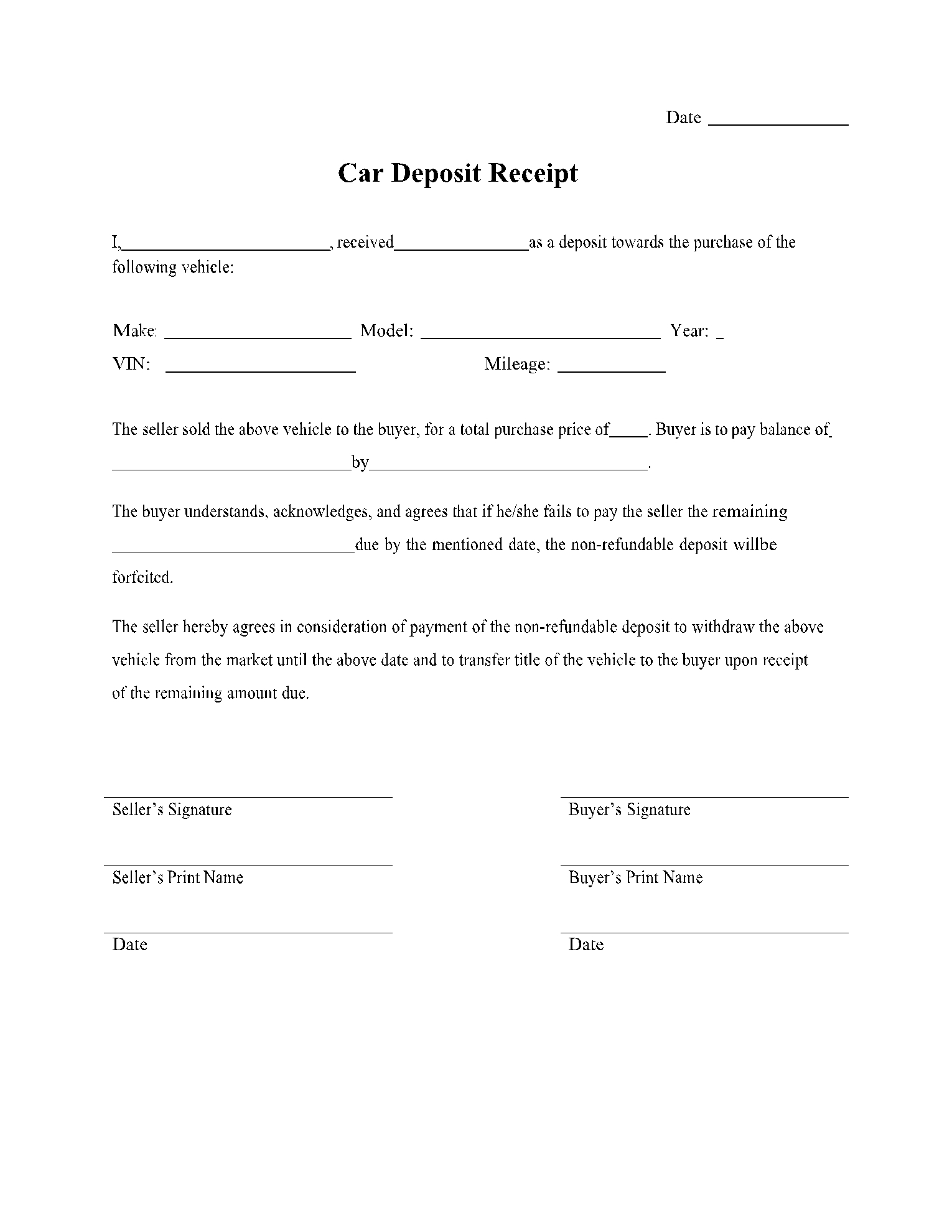 Free Car Deposit Receipt Template In 2021 CocoSign