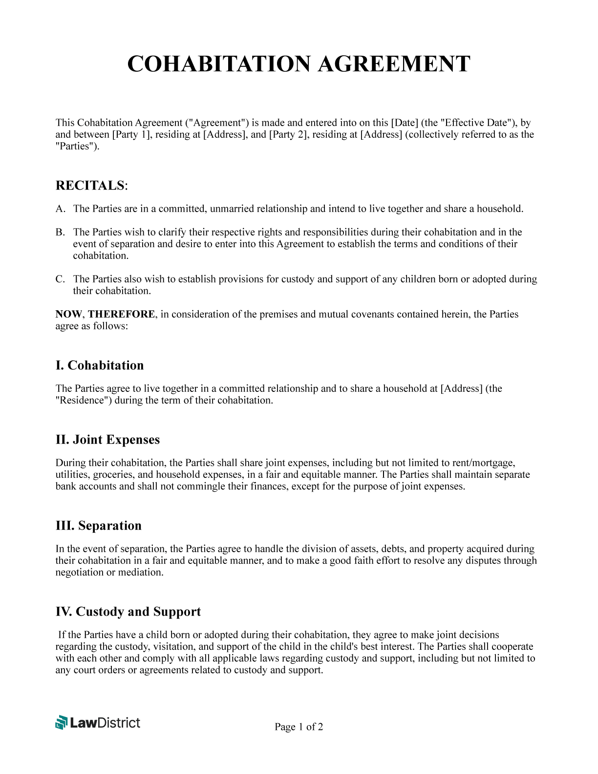 Free Cohabitation Agreement Template Relationship Agreement LawDistrict