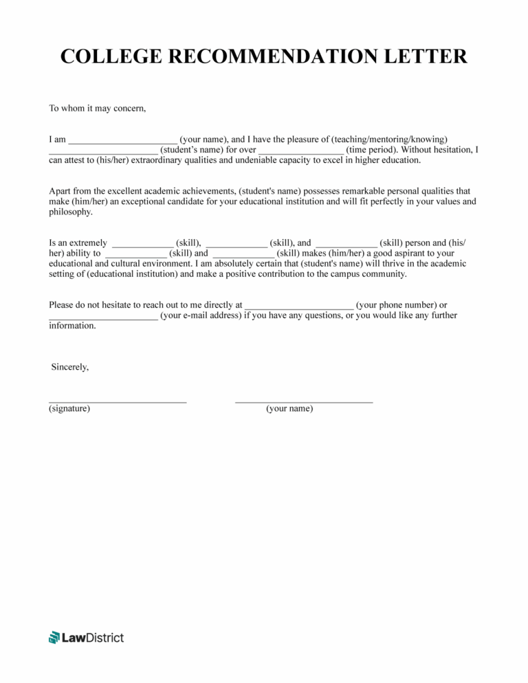 Free College Recommendation Letter Sample Template LawDistrict