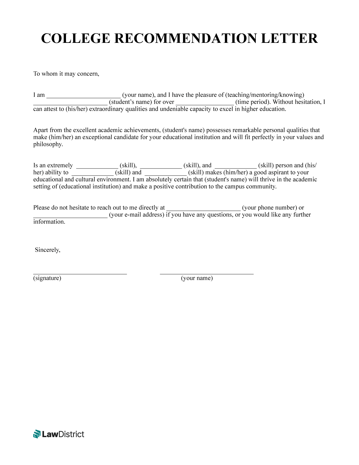 Free College Recommendation Letter Sample Template LawDistrict