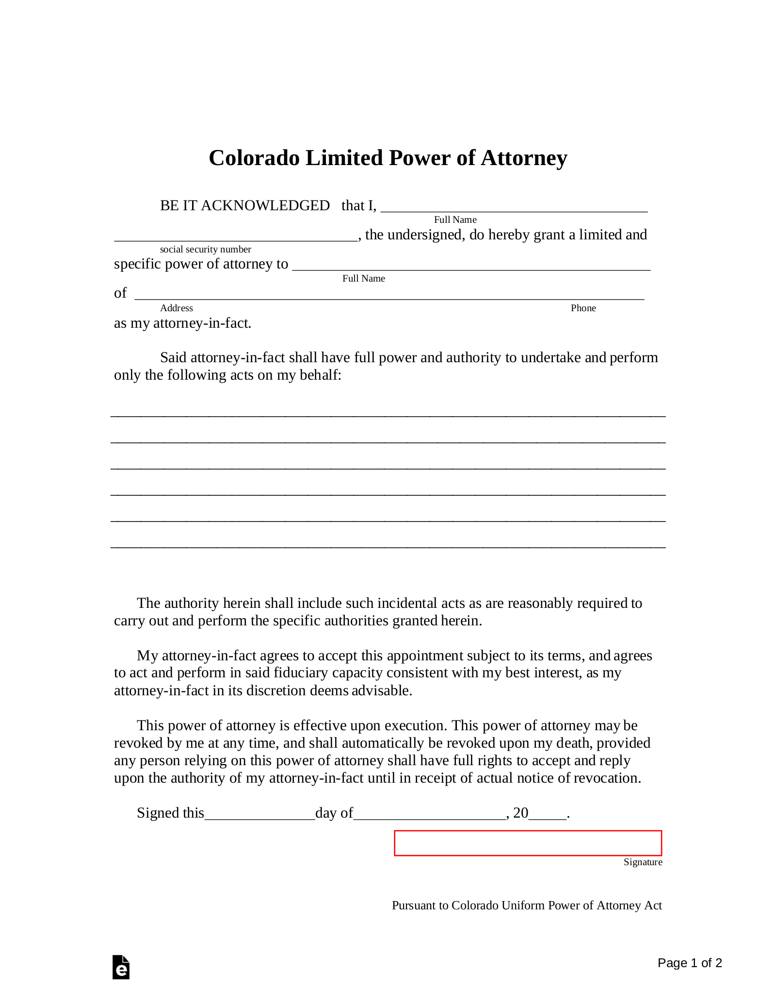 Free Colorado Limited Power Of Attorney Form PDF Word EForms