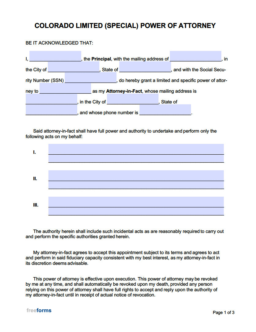 free printable power of attorney form colorado