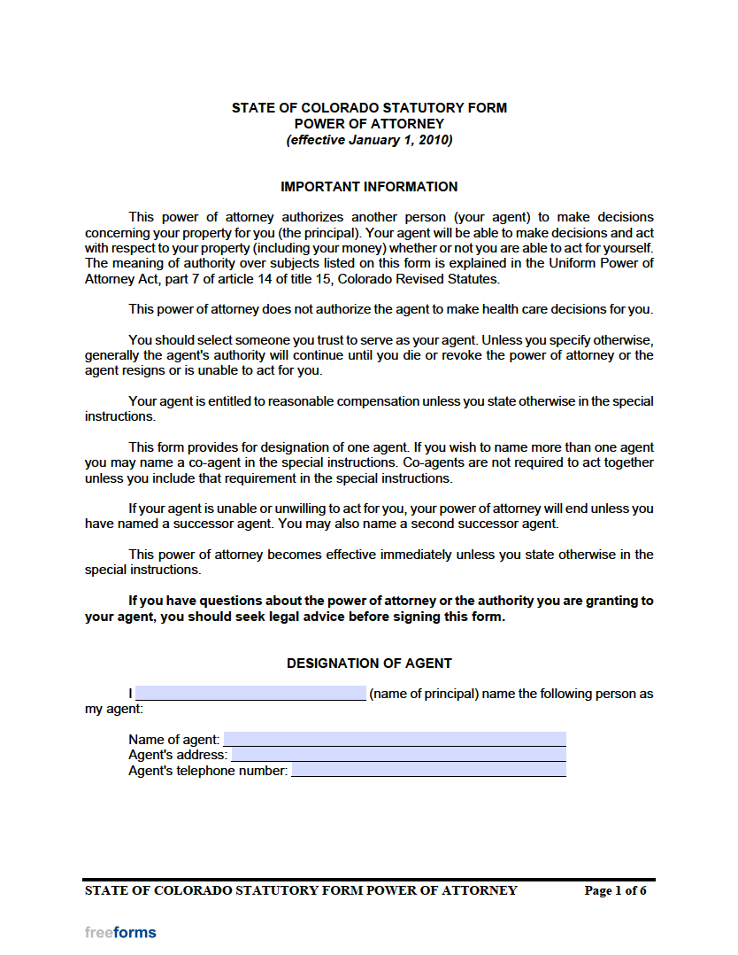 Free Colorado Power Of Attorney Forms PDF