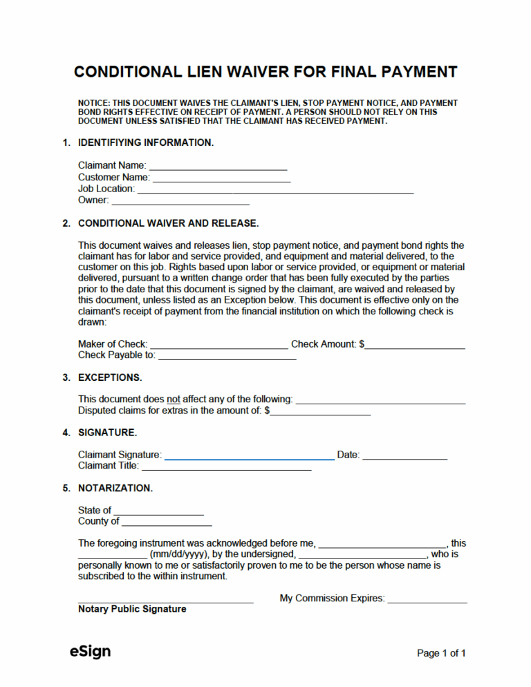Free Conditional Lien Waiver For Final Payment PDF Word