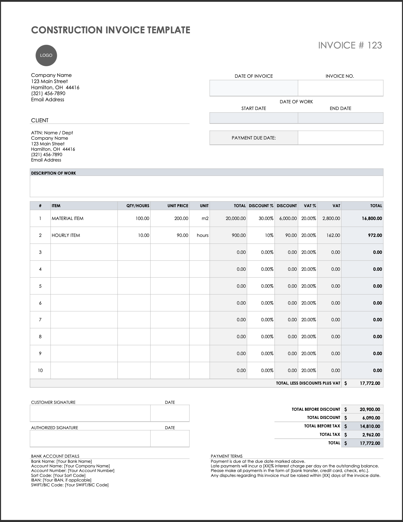 Free Construction Invoice Template Planyard US
