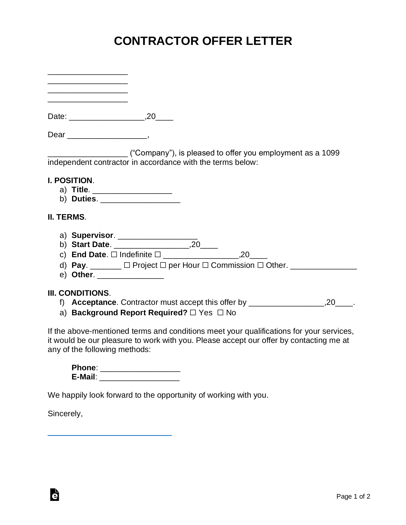 Free Contractor 1099 Offer Letter PDF Word EForms