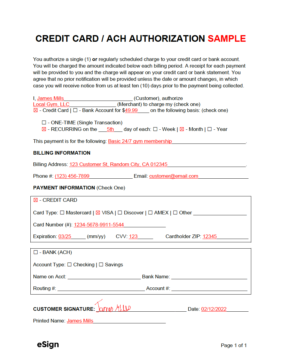 Free Credit Card ACH Payment Authorization Forms PDF Word