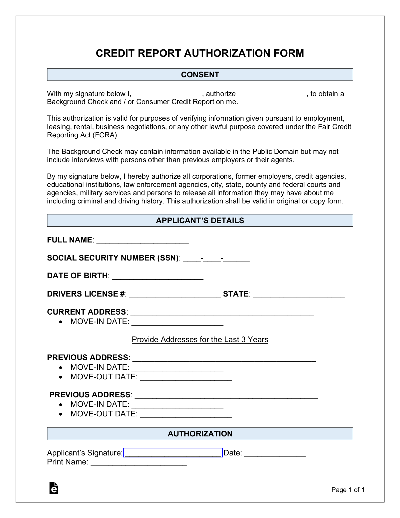 Free Credit Report Authorization Consent Form PDF Word EForms