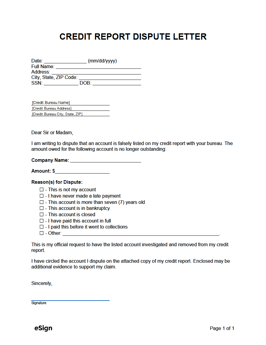 Free Credit Report Dispute Letter Template PDF Word