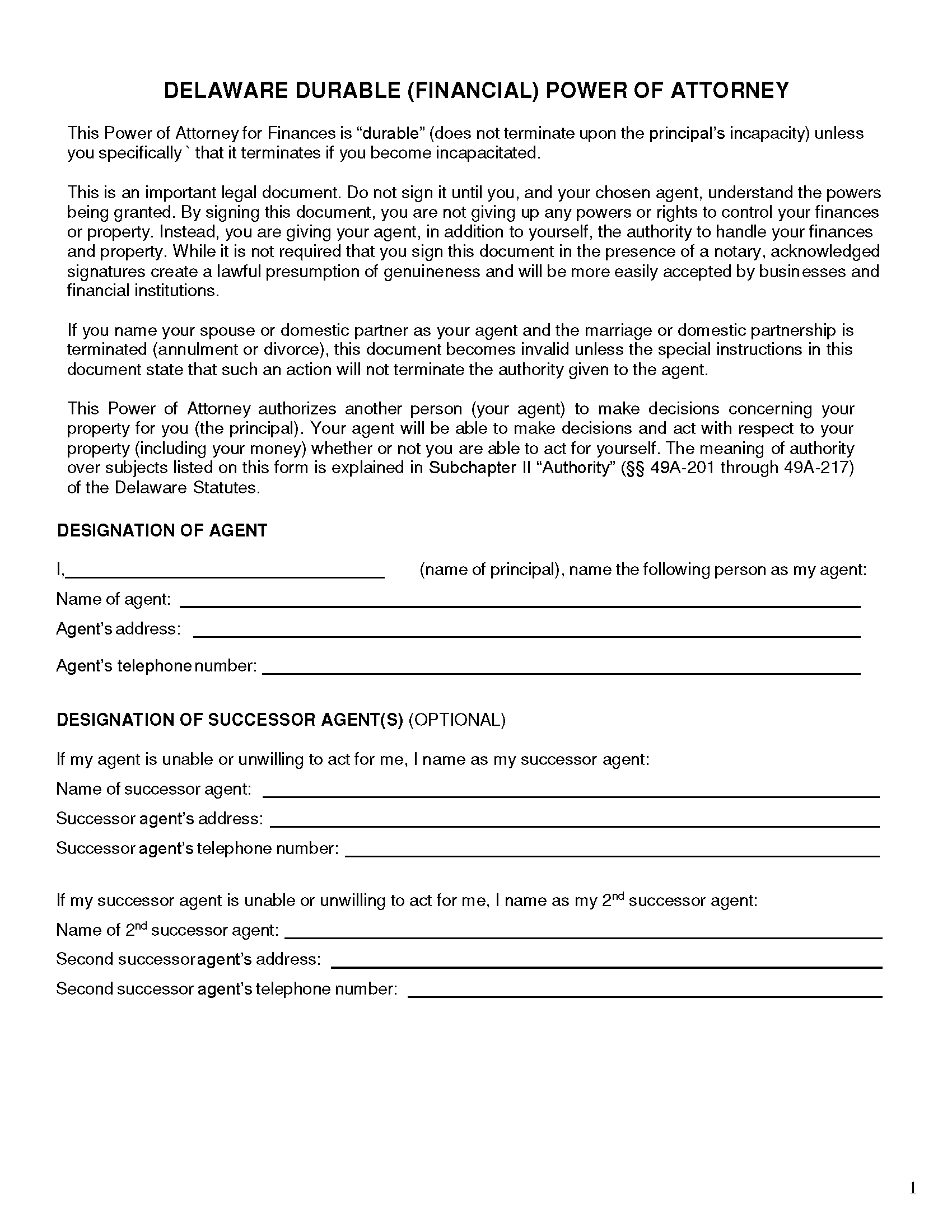 Free Delaware Power Of Attorney Forms 8 PDF