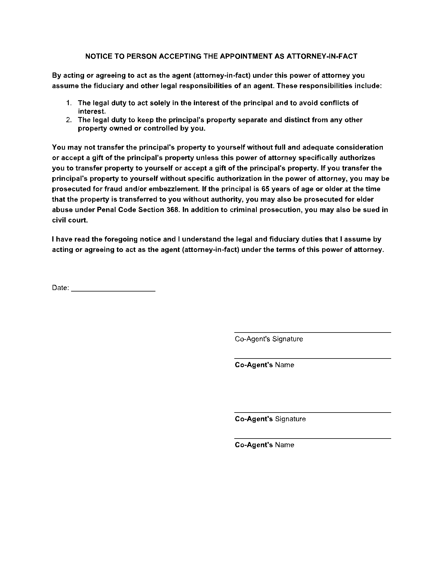 free printable durable power of attorney form california