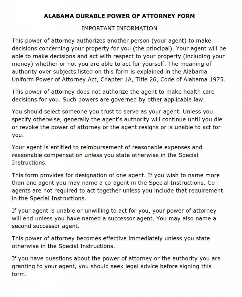 Free Durable Power Of Attorney Form Alabama Free Durable Power Of Attorney Form Alabama