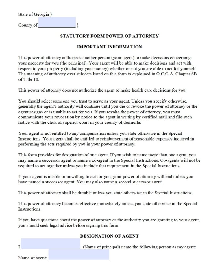 Free Durable Power Of Attorney Form Georgia