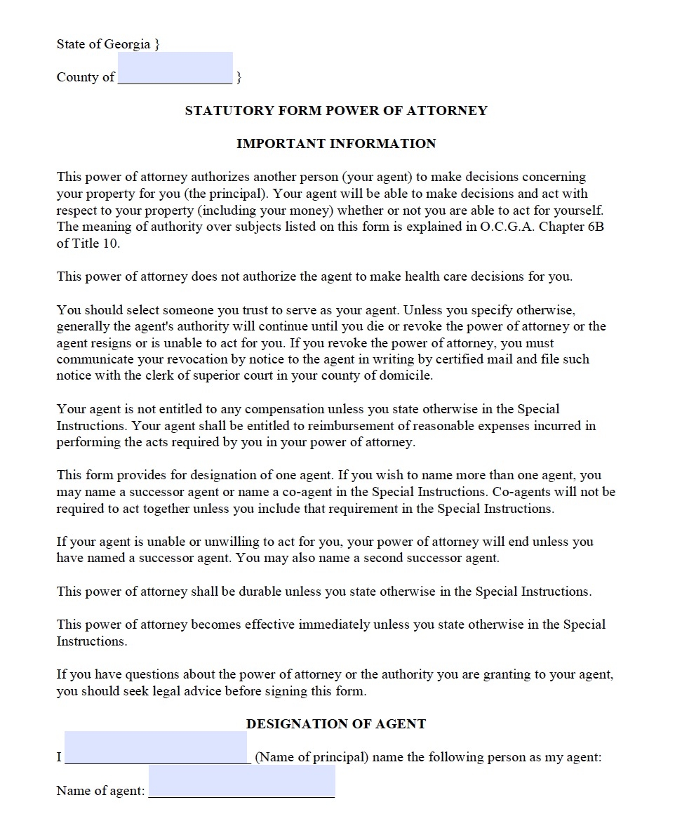 Free Durable Power Of Attorney Form Georgia Free Durable Power Of Attorney Form Georgia