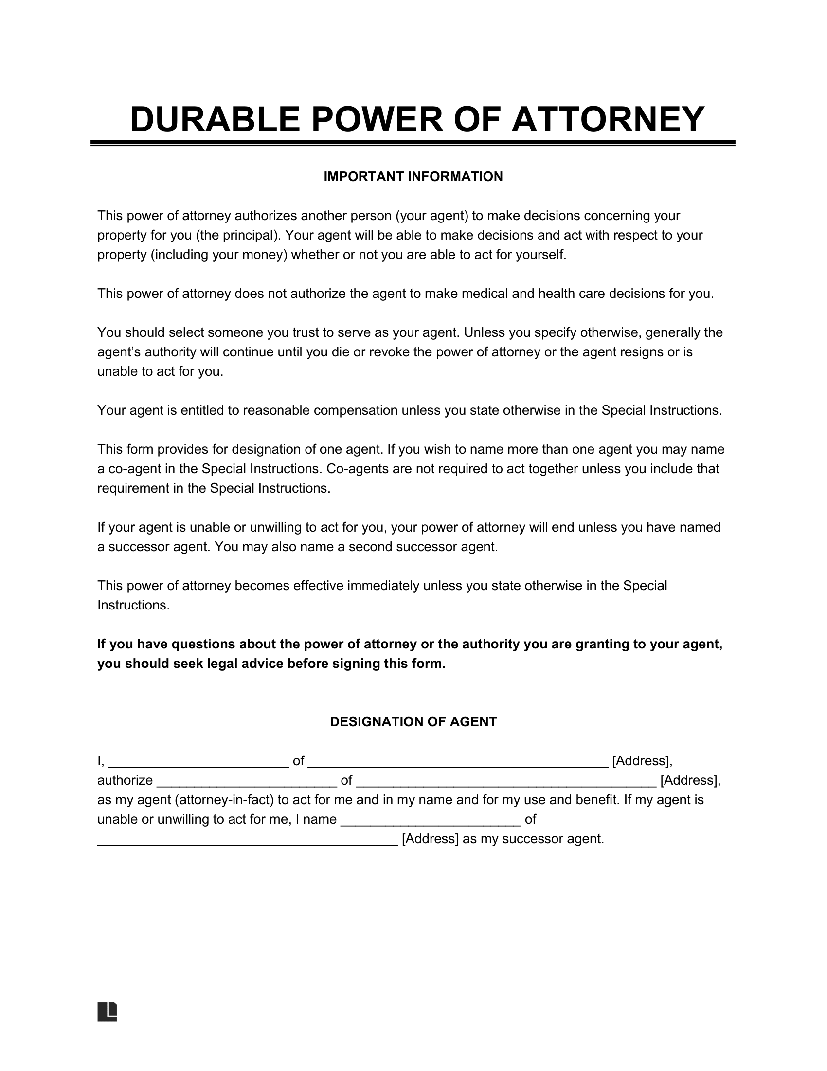 Free Durable Power Of Attorney Form PDF Word Free Durable Power Of Attorney Form PDF Word