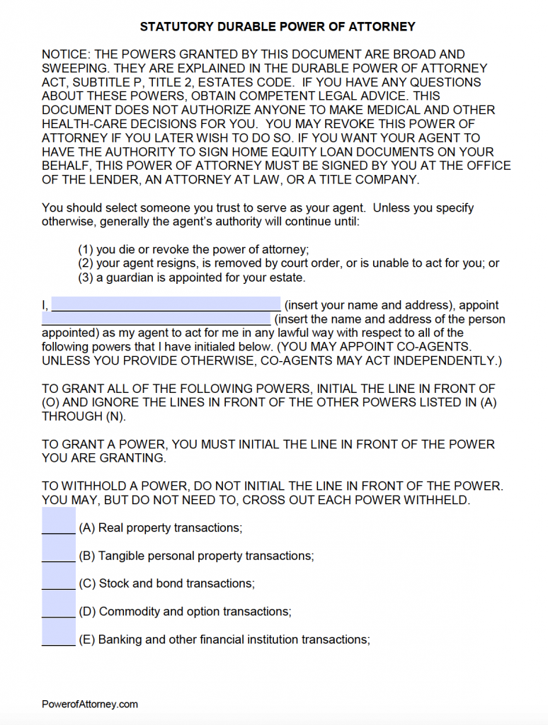 durable power of attorney printable form
