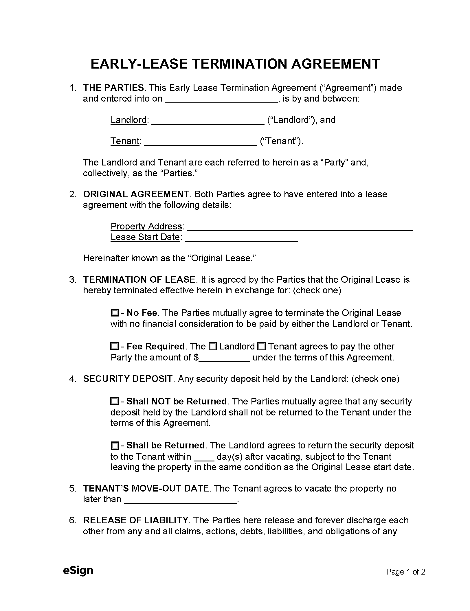 Free Early Lease Termination Agreement Template PDF