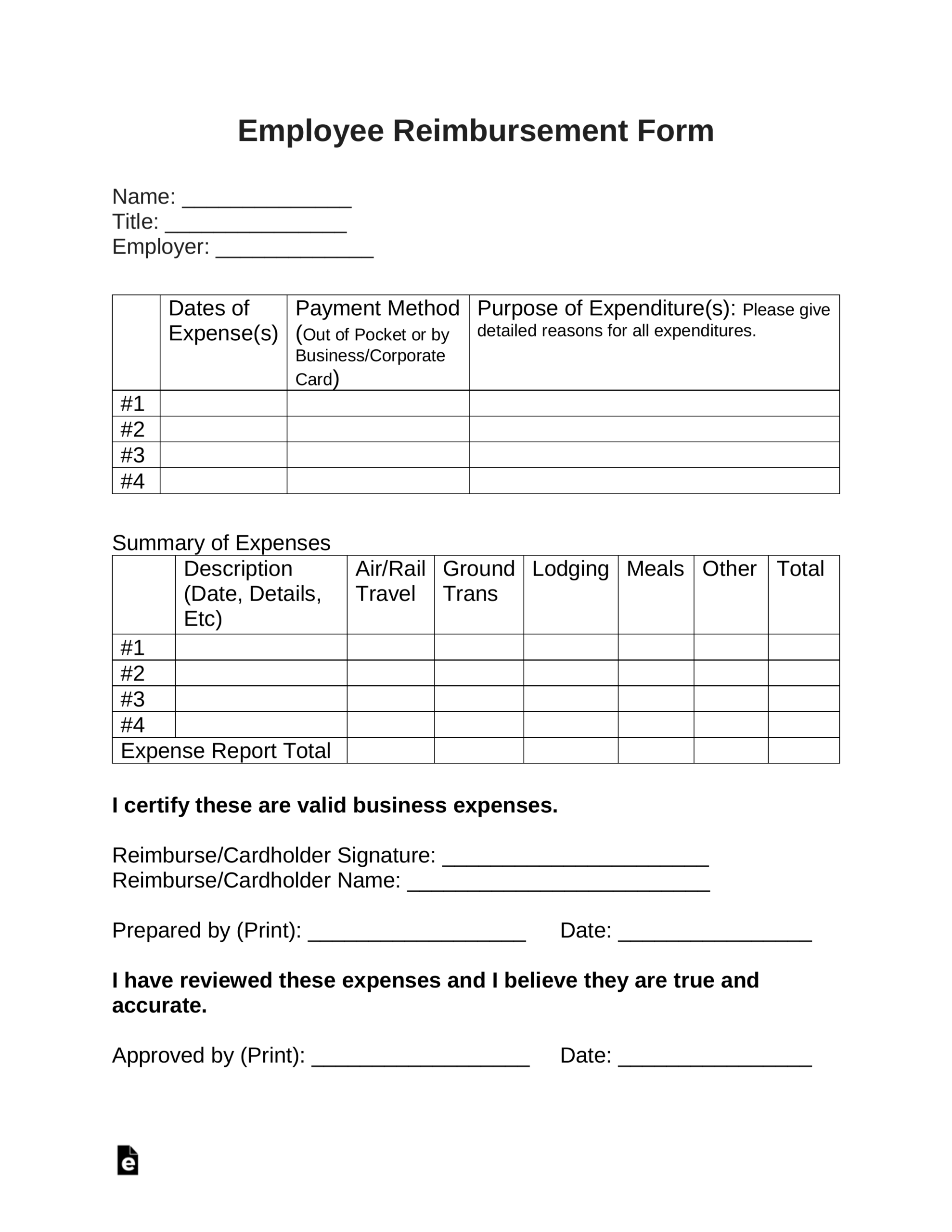 Free Employee Reimbursement Form PDF Word EForms
