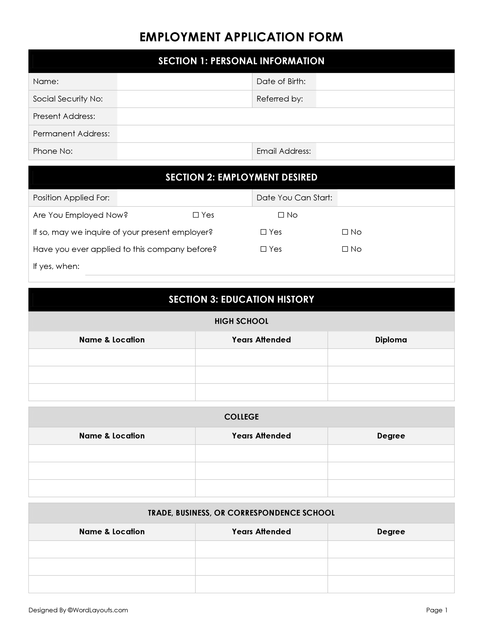 Free Employment Application Form Template WordLayouts Worksheets Library