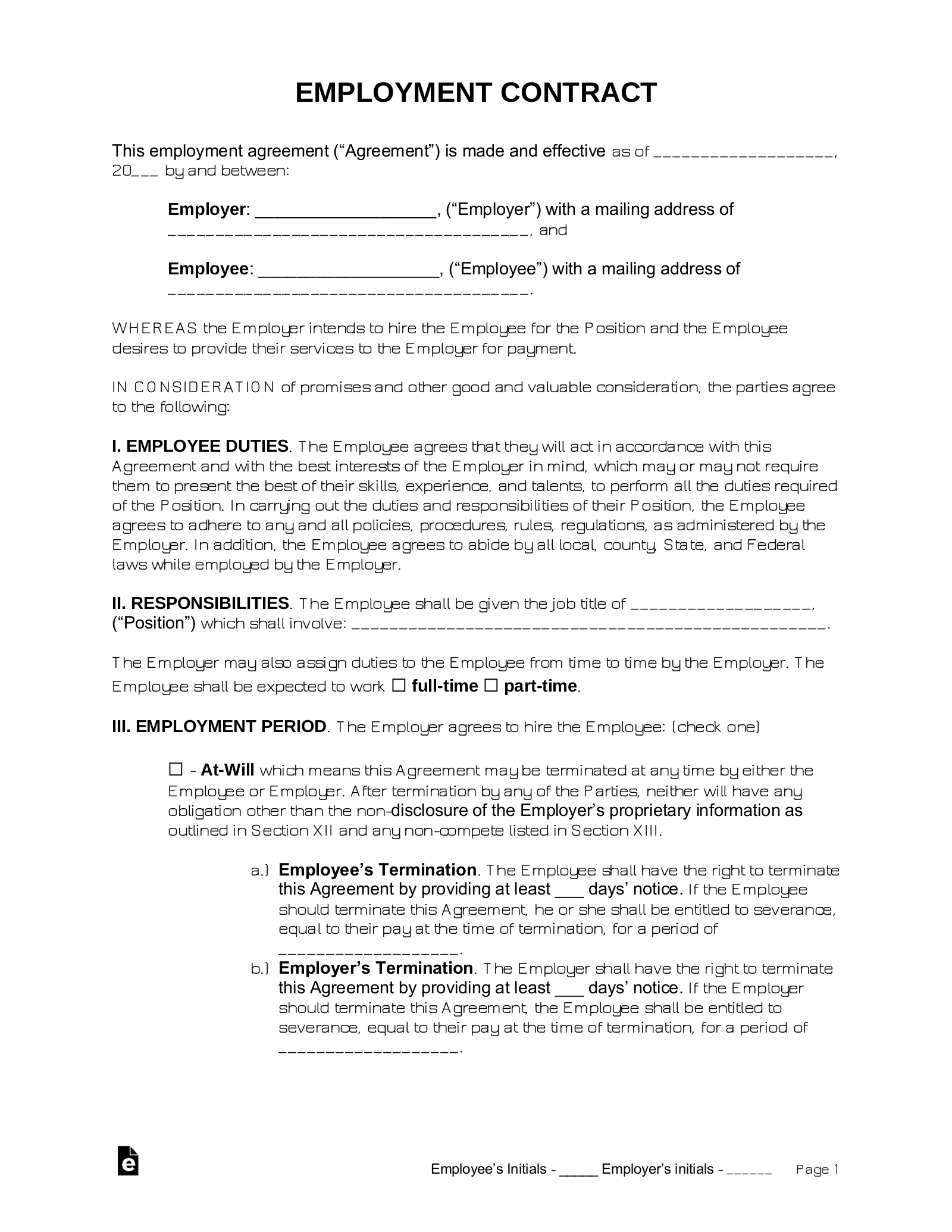 Free Employment Contract Templates 6 PDF Word EForms