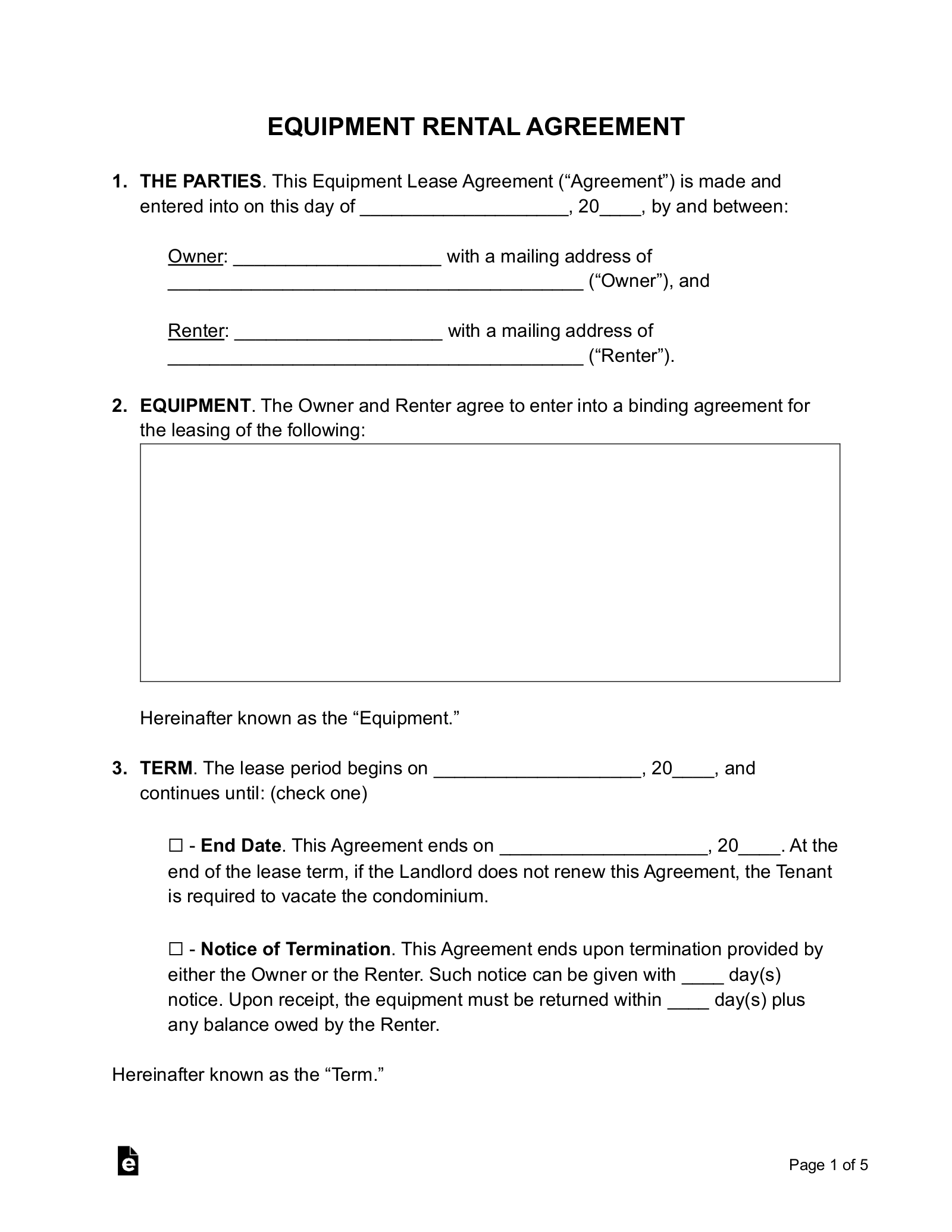 Free Equipment Rental Agreement Template PDF Word EForms