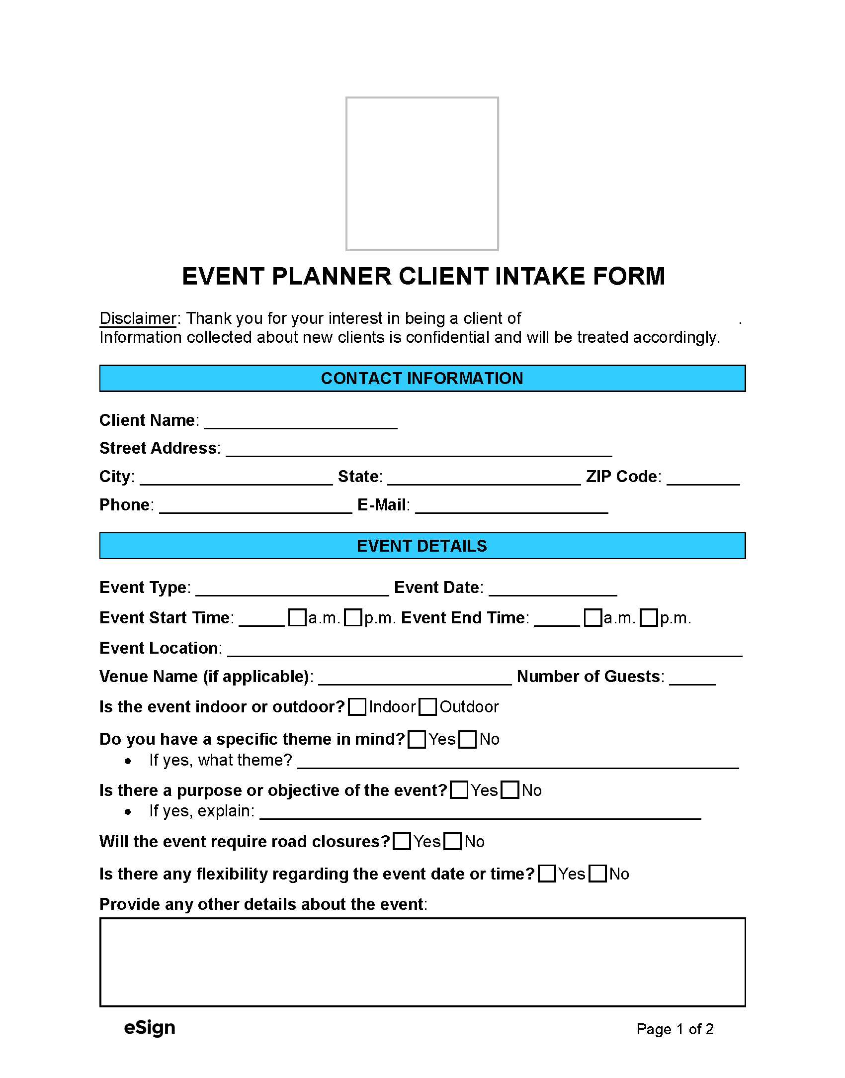 Free Event Planner Client Intake Form PDF Word