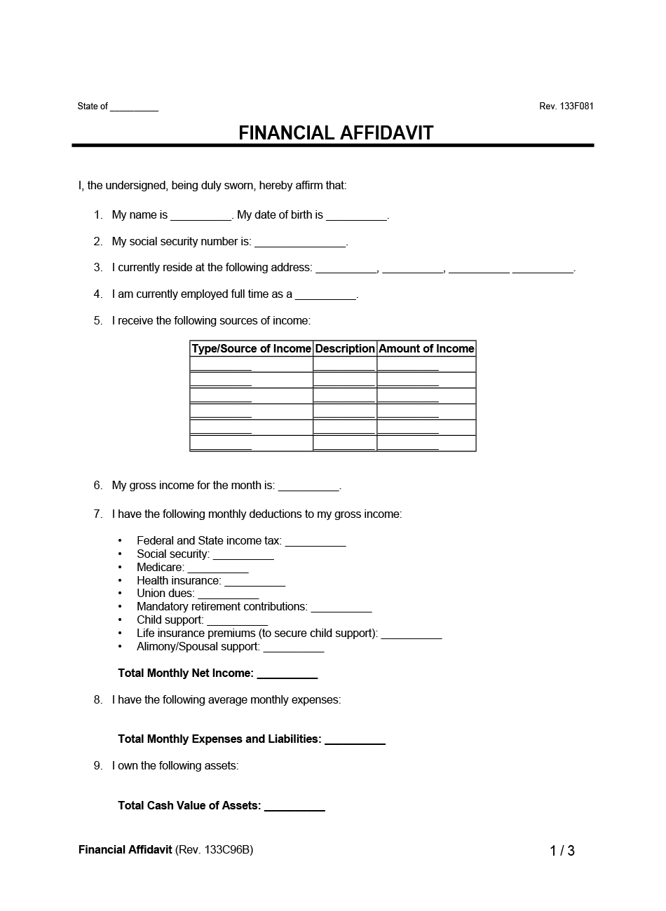 Free Financial Affidavit Form PDF Word Free Financial Affidavit Form PDF Word