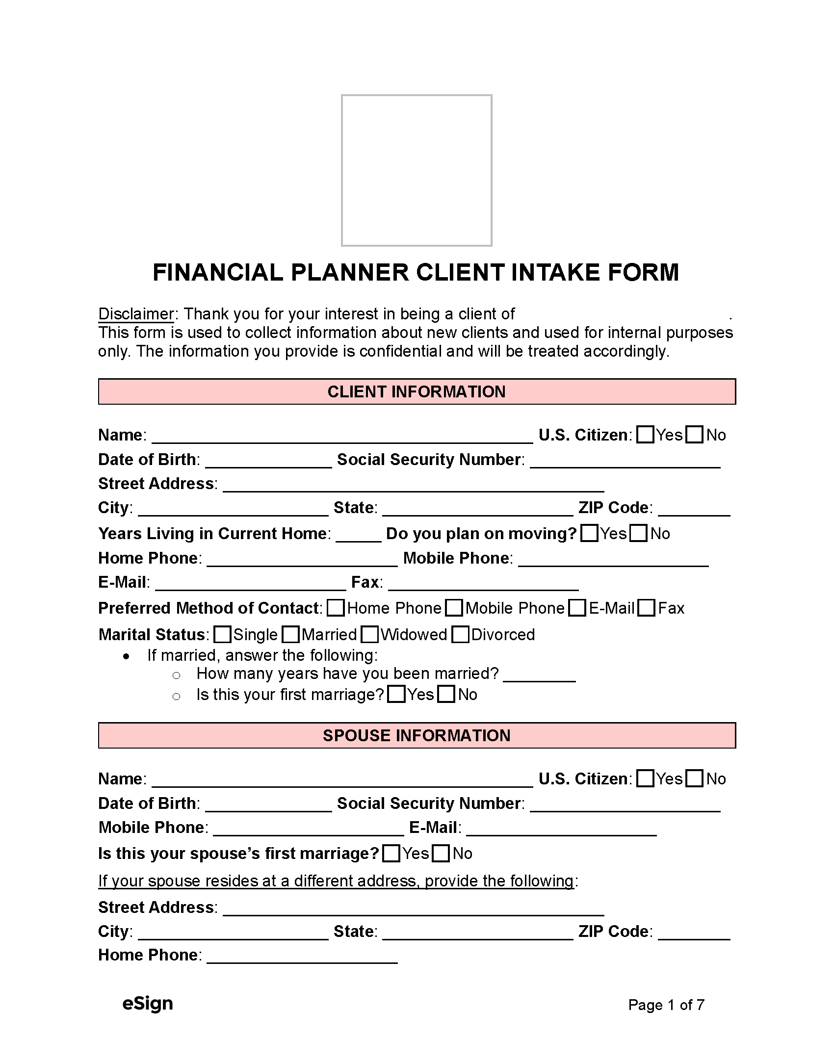 Free Financial Planner Client Intake Form PDF Word