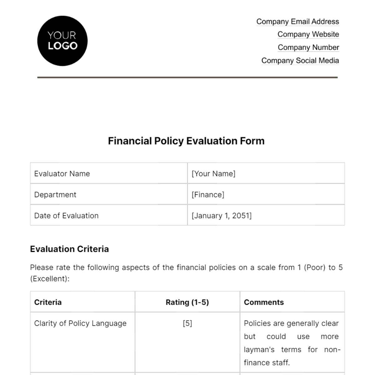 Free Financial Policy Evaluation Form Template To Edit Online
