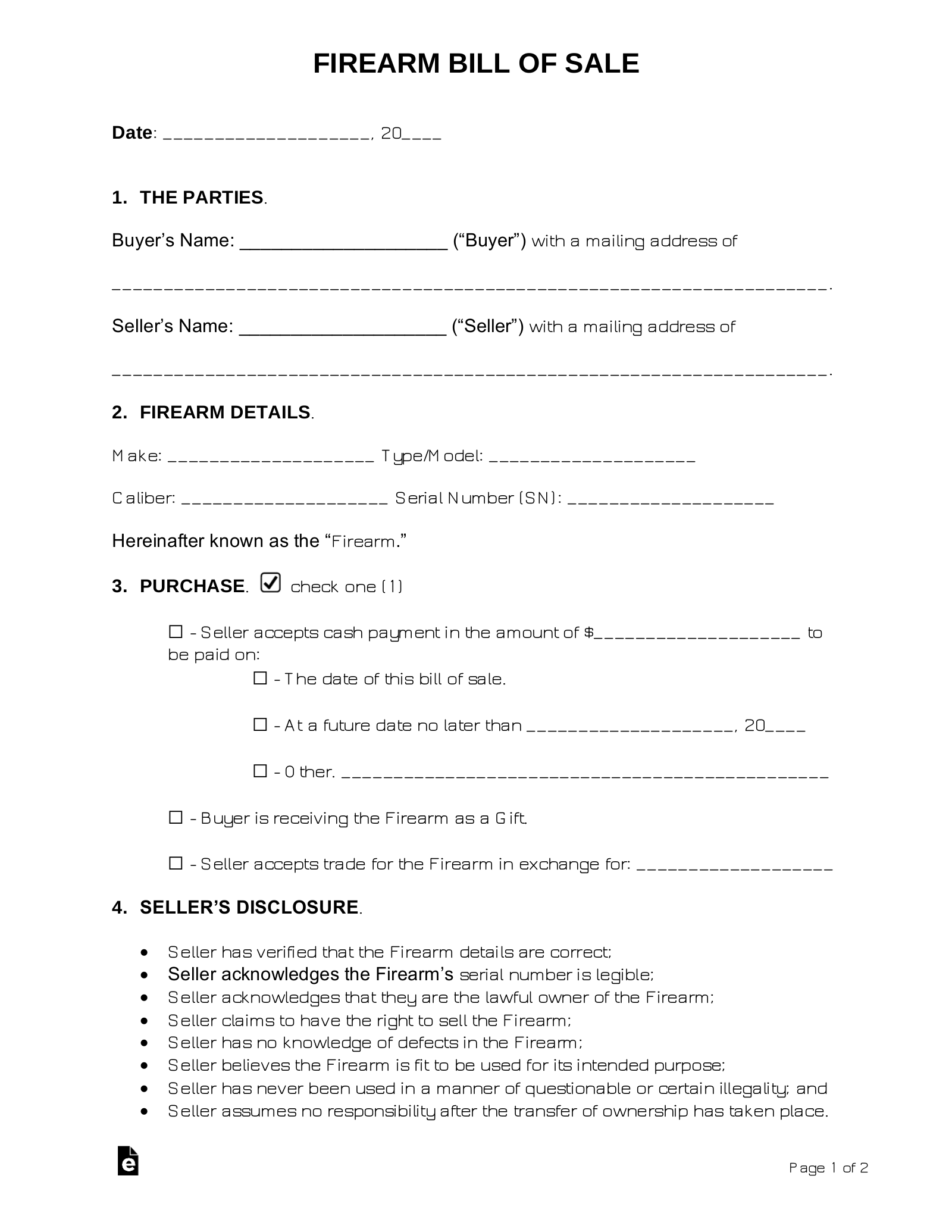 Free Firearm Gun Bill Of Sale Form PDF Word EForms