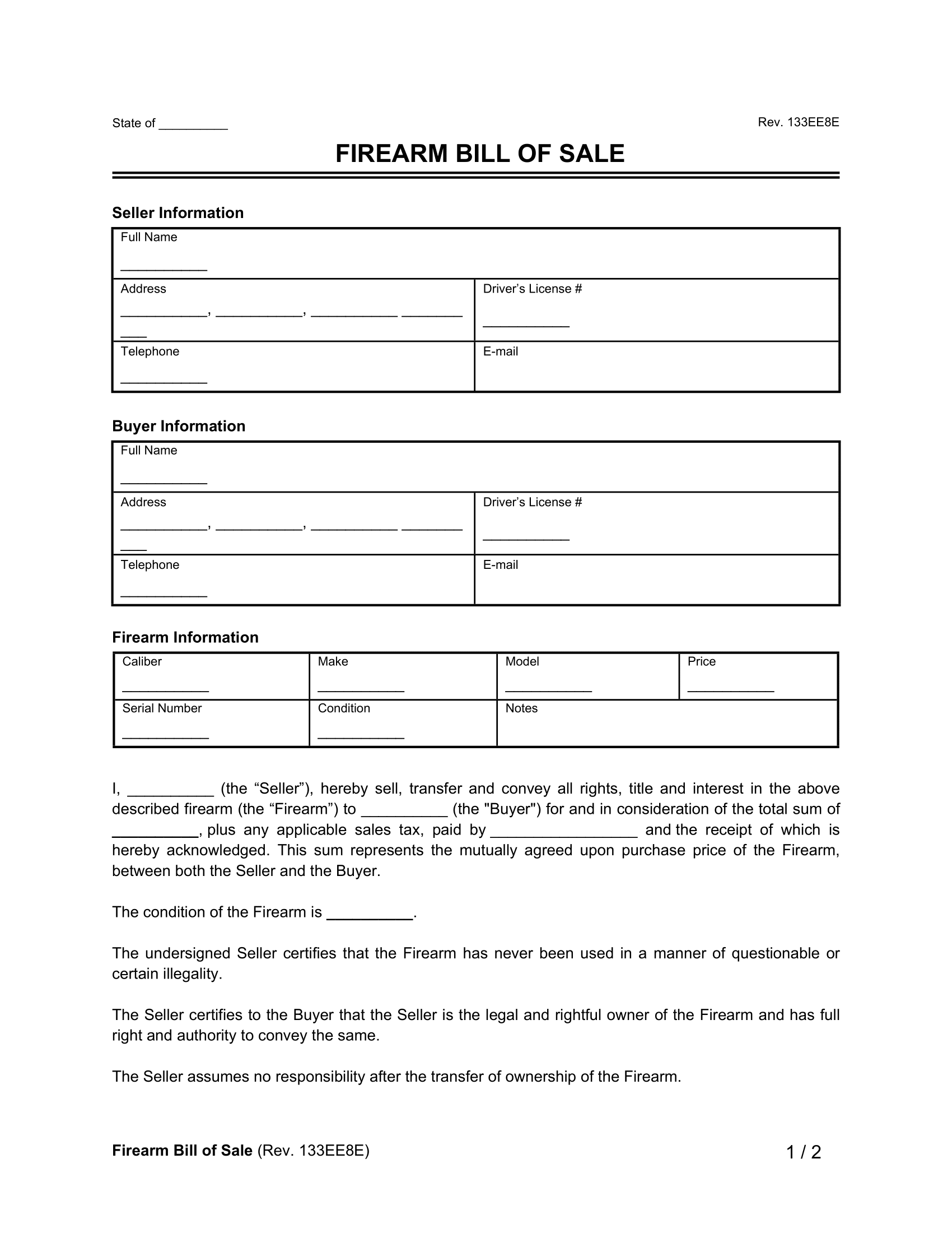 Free Firearm Gun Bill Of Sale Form PDF Word Templates