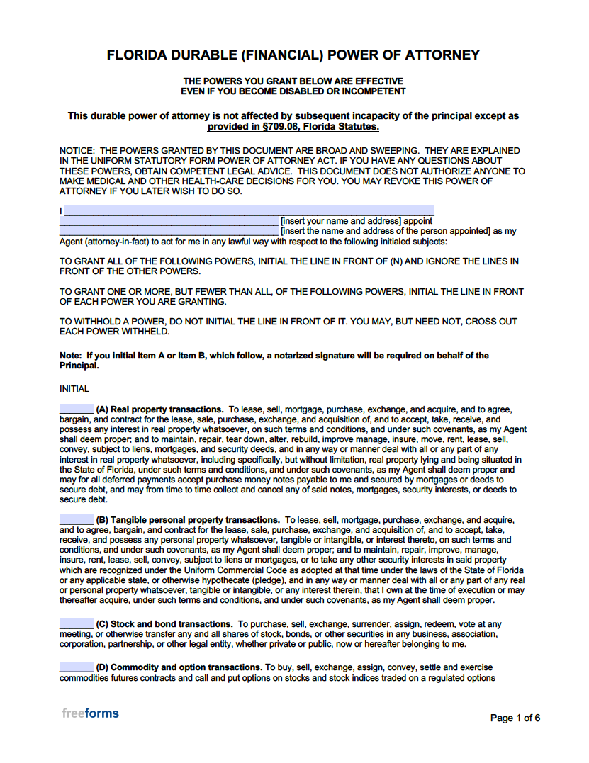 Free Florida Durable Financial Power Of Attorney Form PDF Word