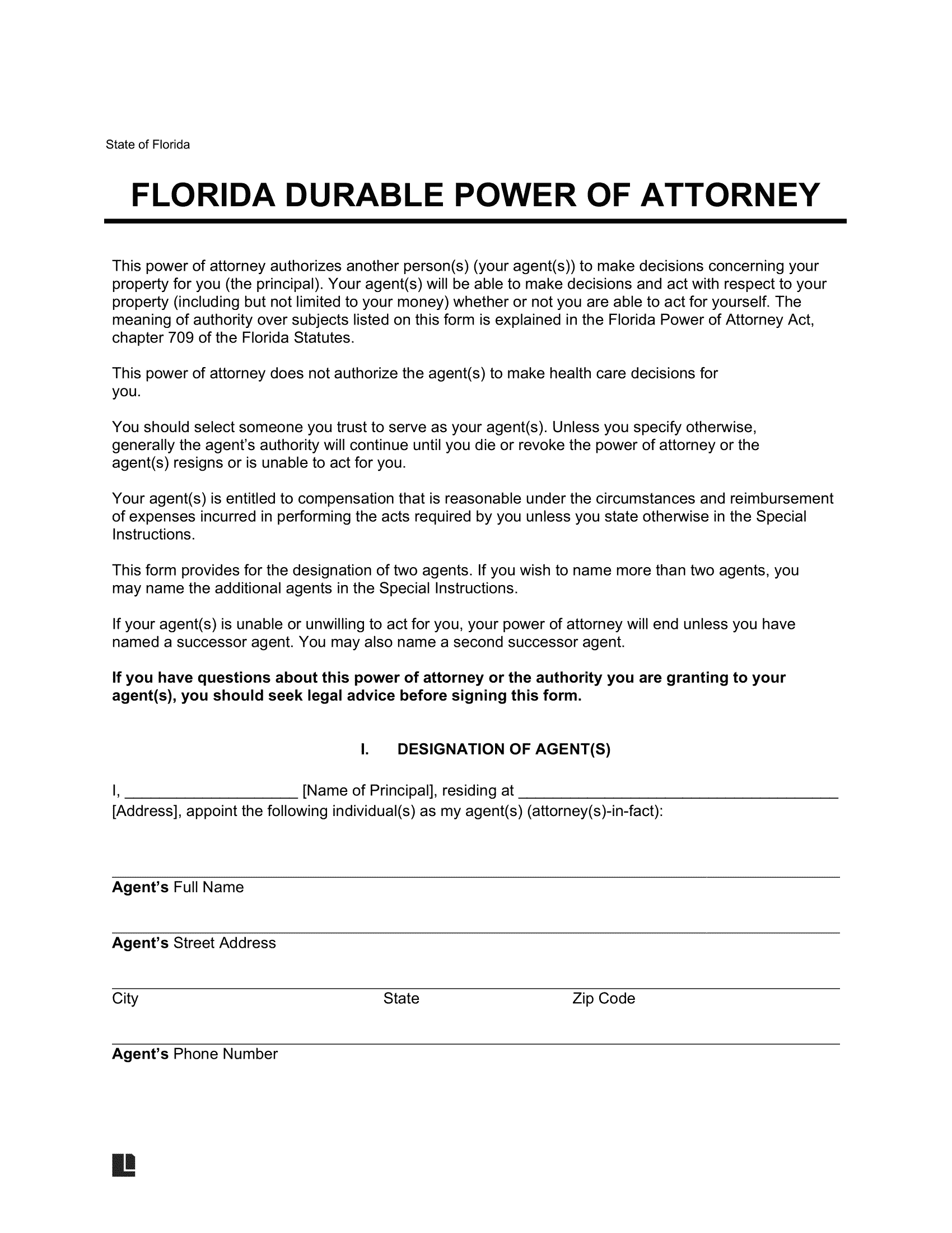 Free Florida Durable Power Of Attorney Form PDF Word