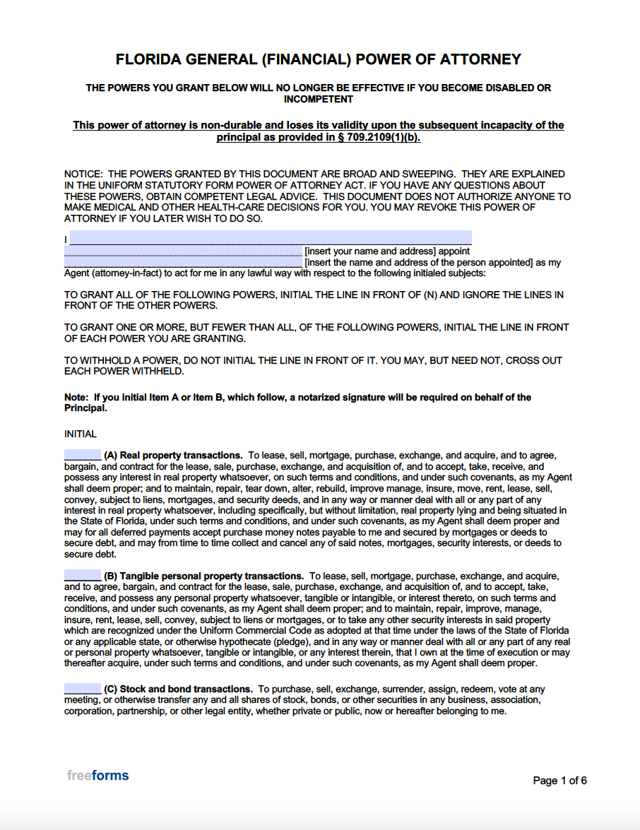 Free Florida General Financial Power Of Attorney Form PDF Word