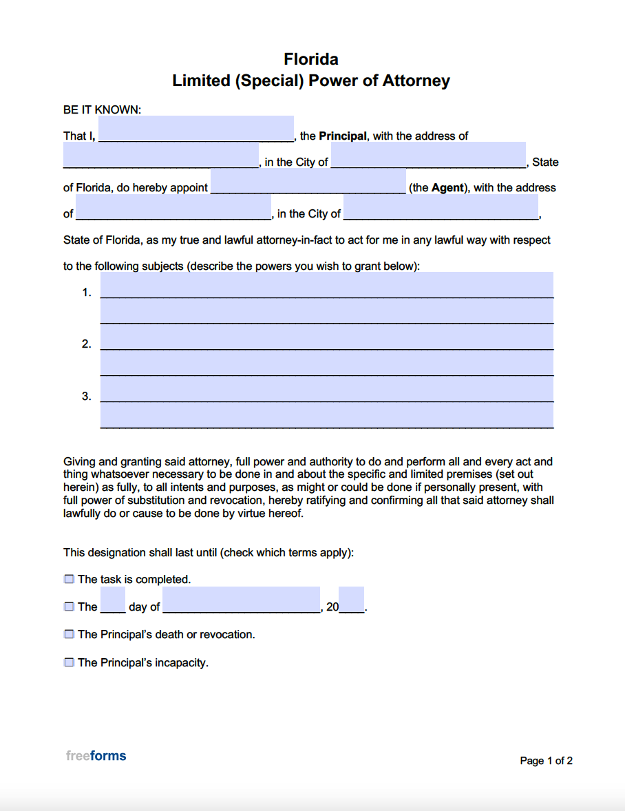 Free Florida Limited Special Power Of Attorney Form PDF Word