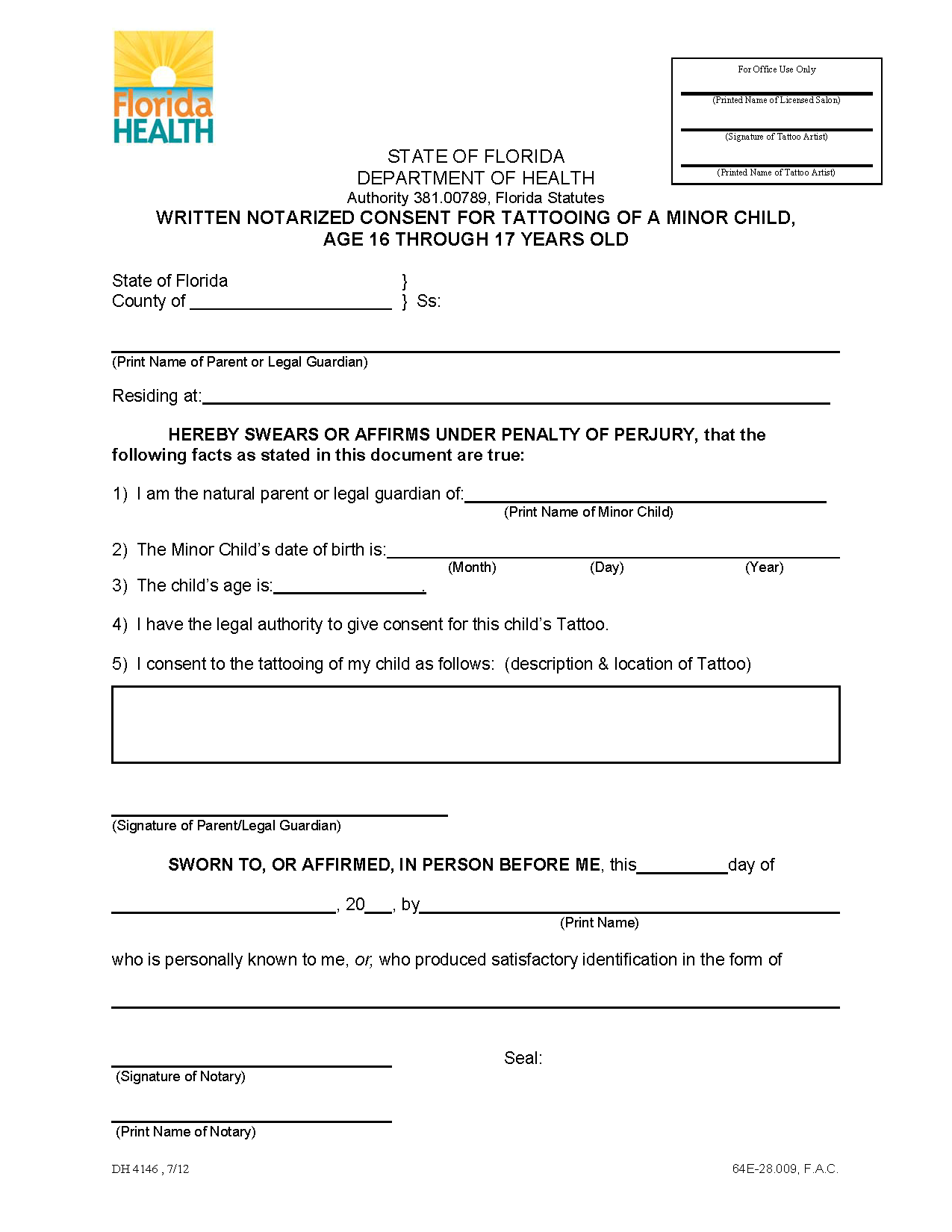 Free Florida Minor Tattoo Consent Form PDF