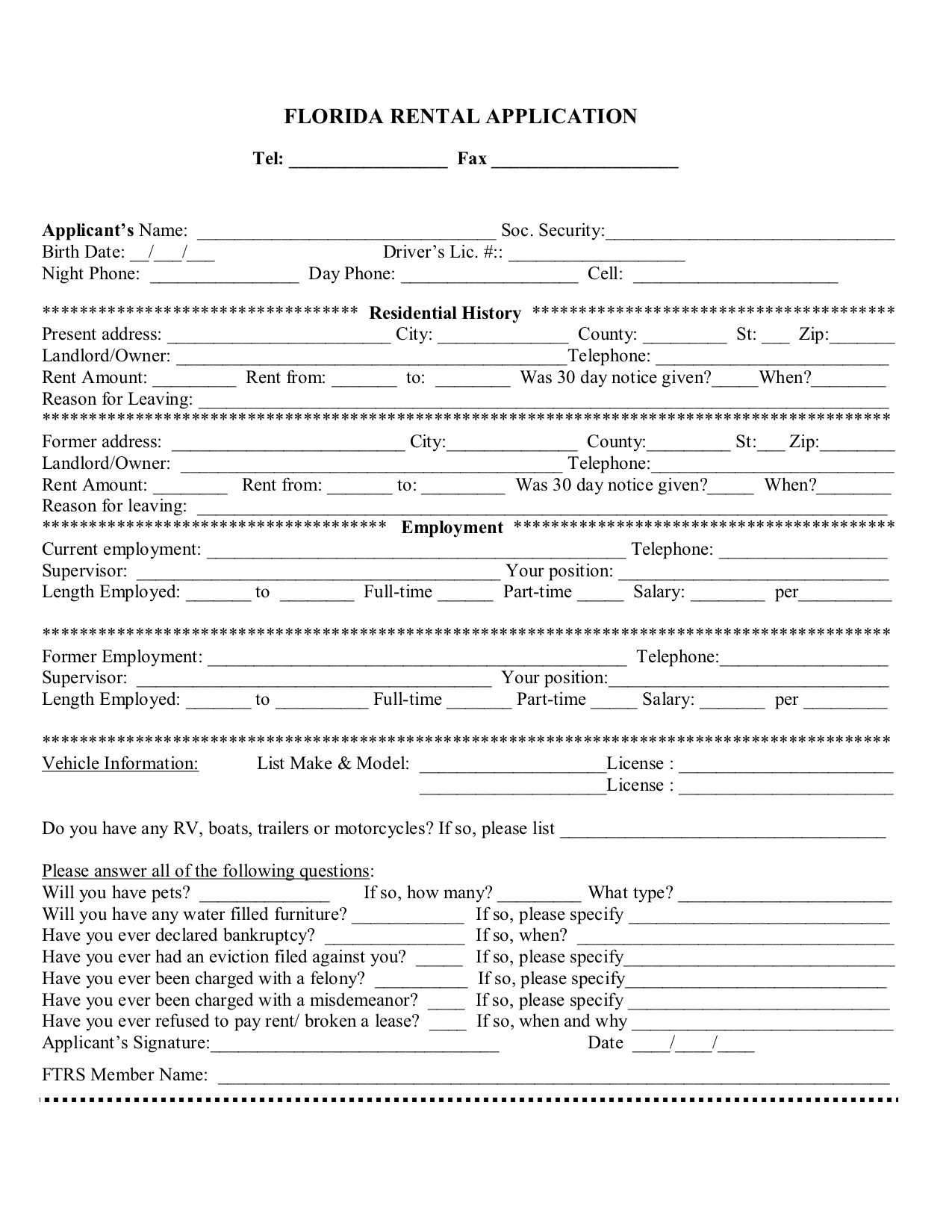 Free Florida Rental Application Form PDF