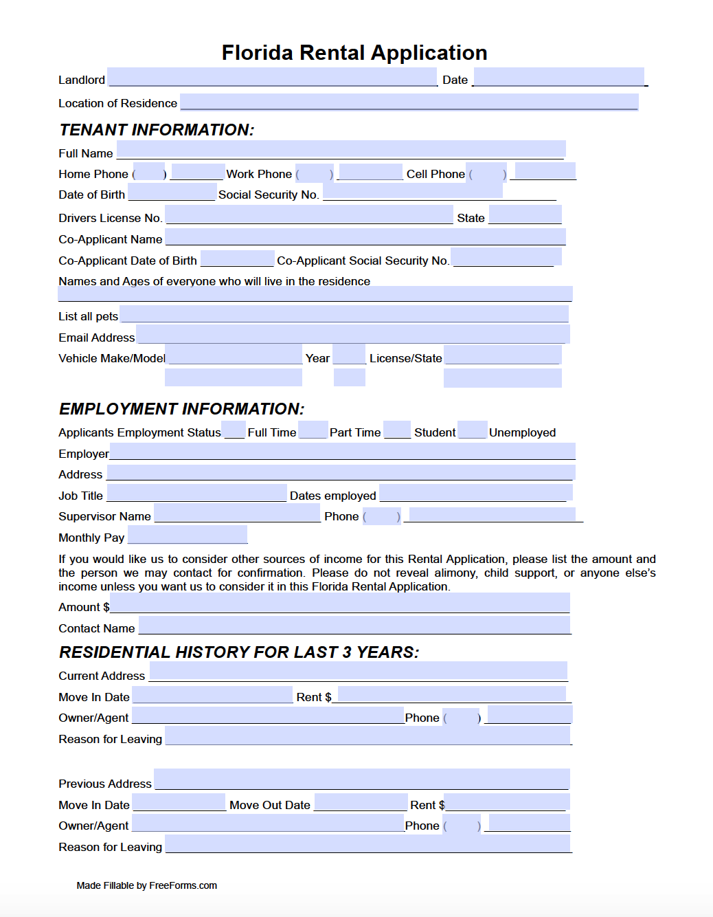Free Florida Residential Rental Application Form PDF Free Florida Residential Rental Application Form PDF
