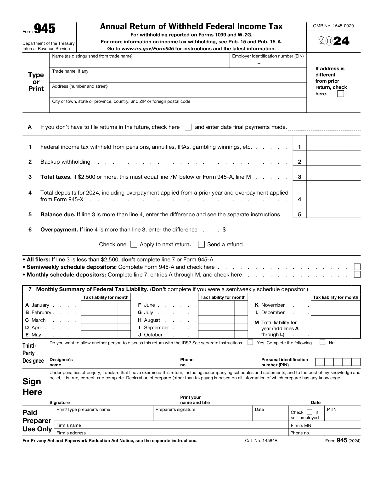 Free Form 945 Federal Income Tax Withheld From Non Payroll PDF EForms