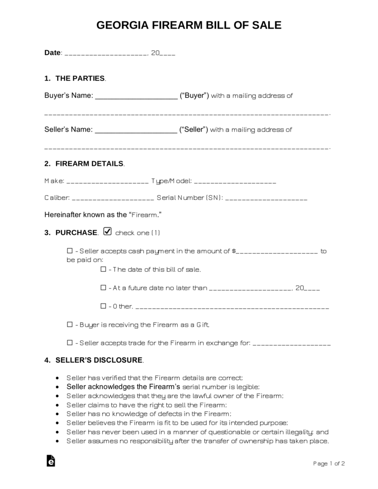 Free Georgia Firearm Bill Of Sale Template PDF Word EForms