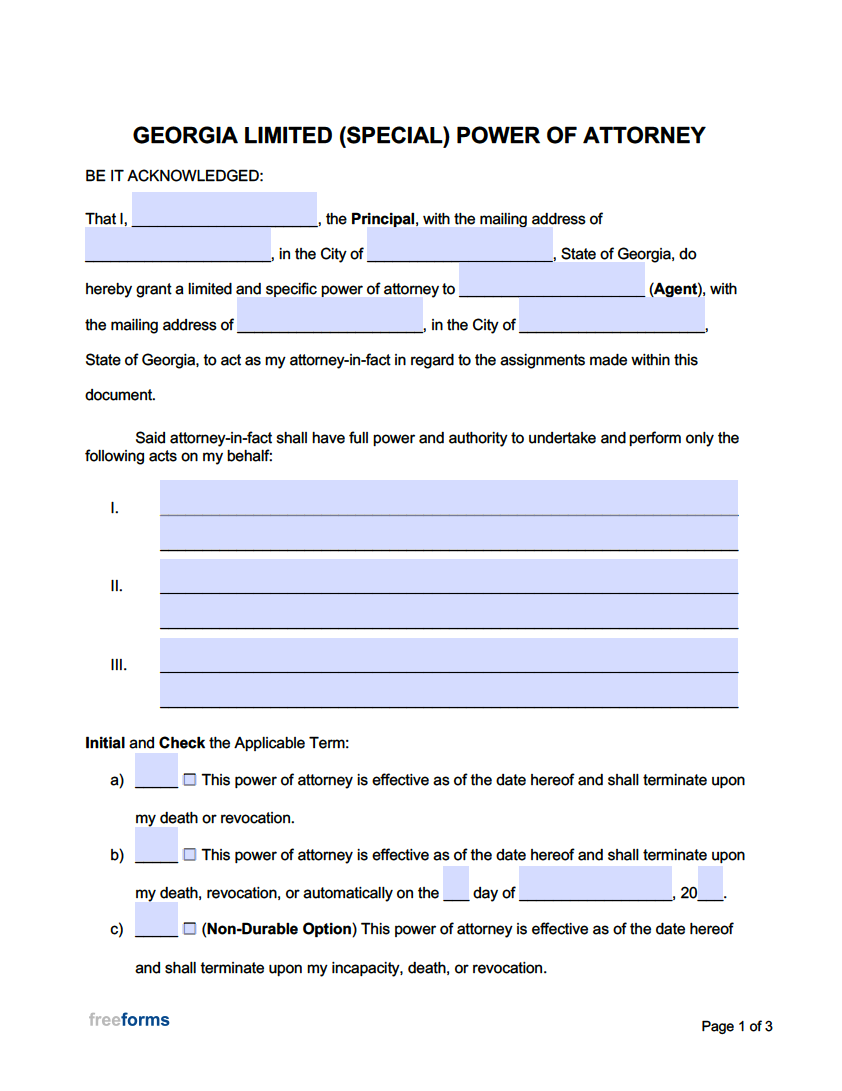 Free Georgia Limited Special Power Of Attorney Form PDF Word Free Georgia Limited Special Power Of Attorney Form PDF Word