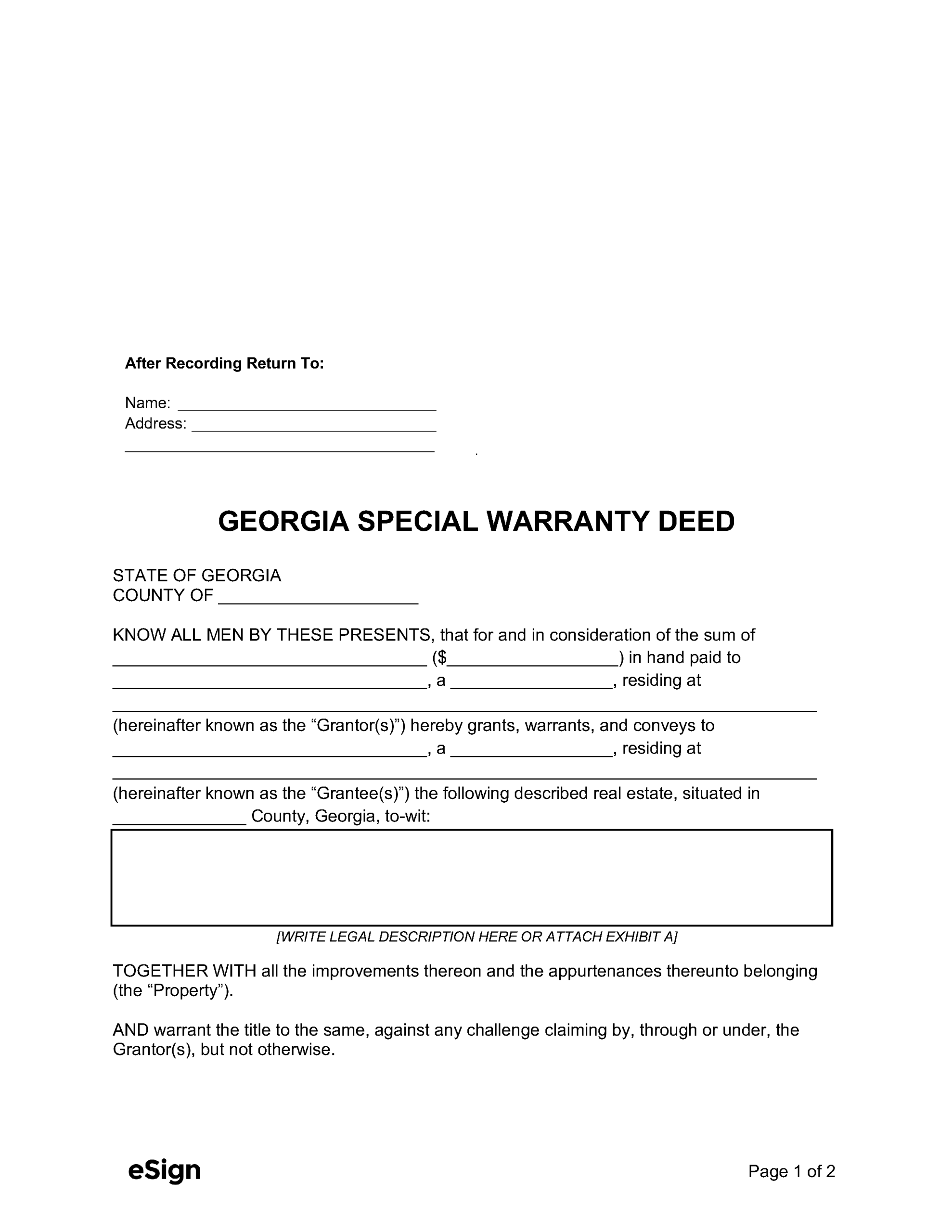 Free Georgia Special Warranty Deed Form PDF Word Free Georgia Special Warranty Deed Form PDF Word