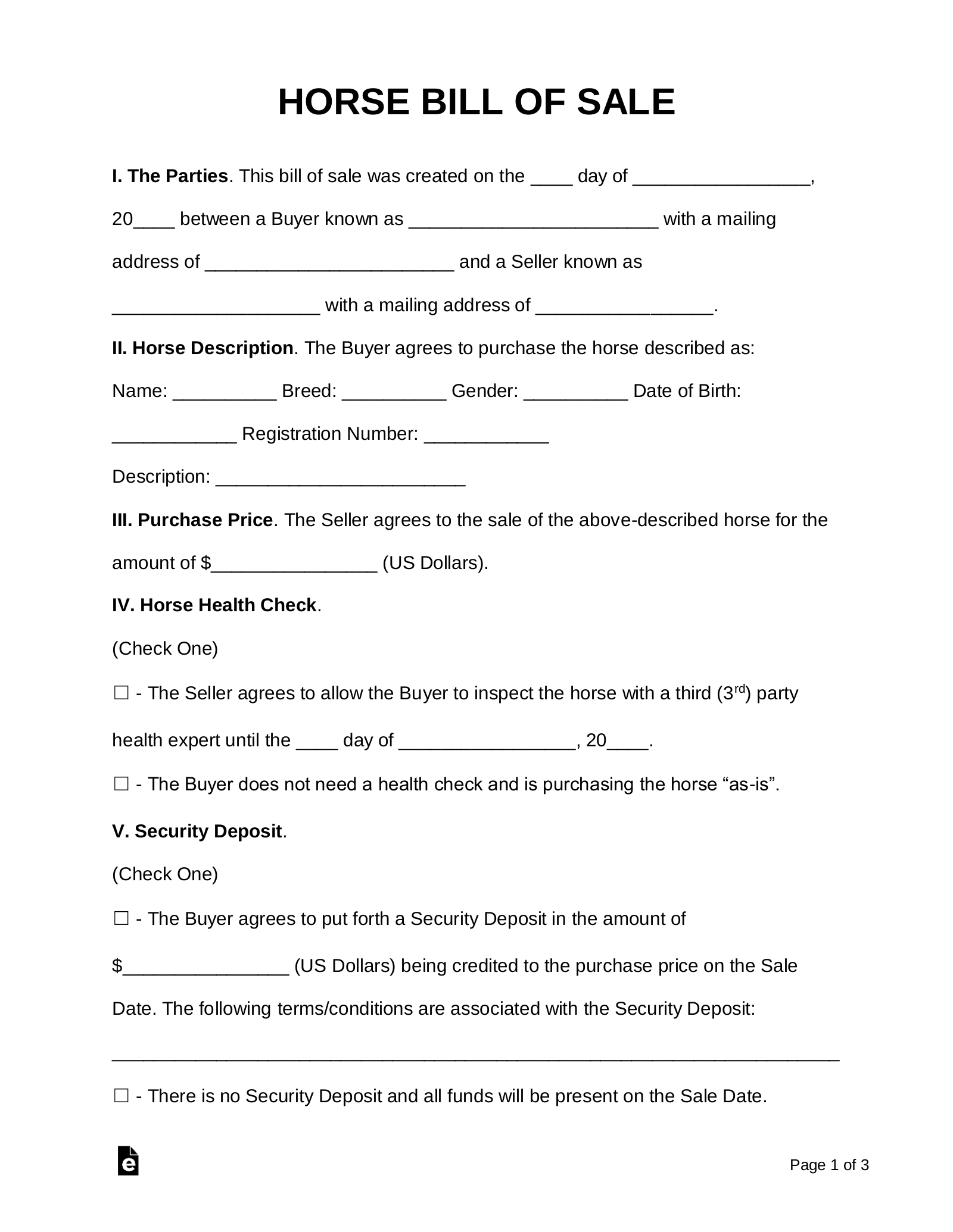 Free Horse Bill Of Sale Form PDF Word EForms
